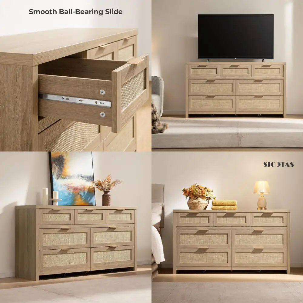 

57 Wide Rattan Dressers, Large Bedroom Chests, TV Stand, Boho Style Closet Organizer - Reclaimed Light Oak, Set of 7