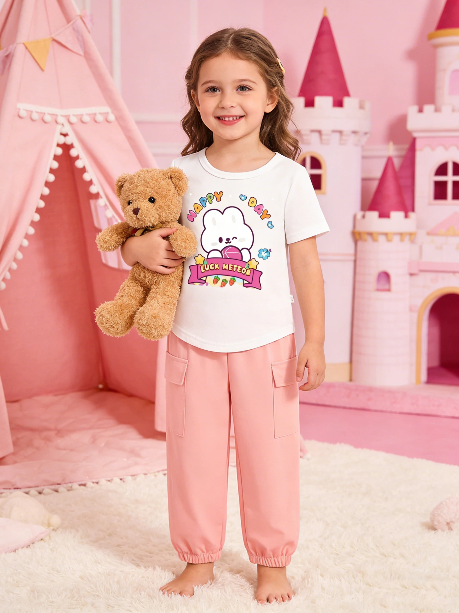 

White & Pink Contrast Bunny Slogan Two-Piece - Kids' Sweet Fairy-Tale Summer Set