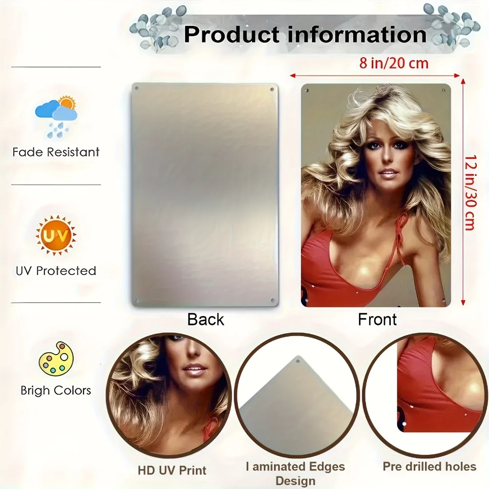 مسطح ثنائي الأبعاد، قطعة واحدة من ملصق Farrah Fawcett Vintage Pin-Up - ديكور فني جداري معدني ريترو هوليوود جلامور - لافتة ألومنيوم متينة