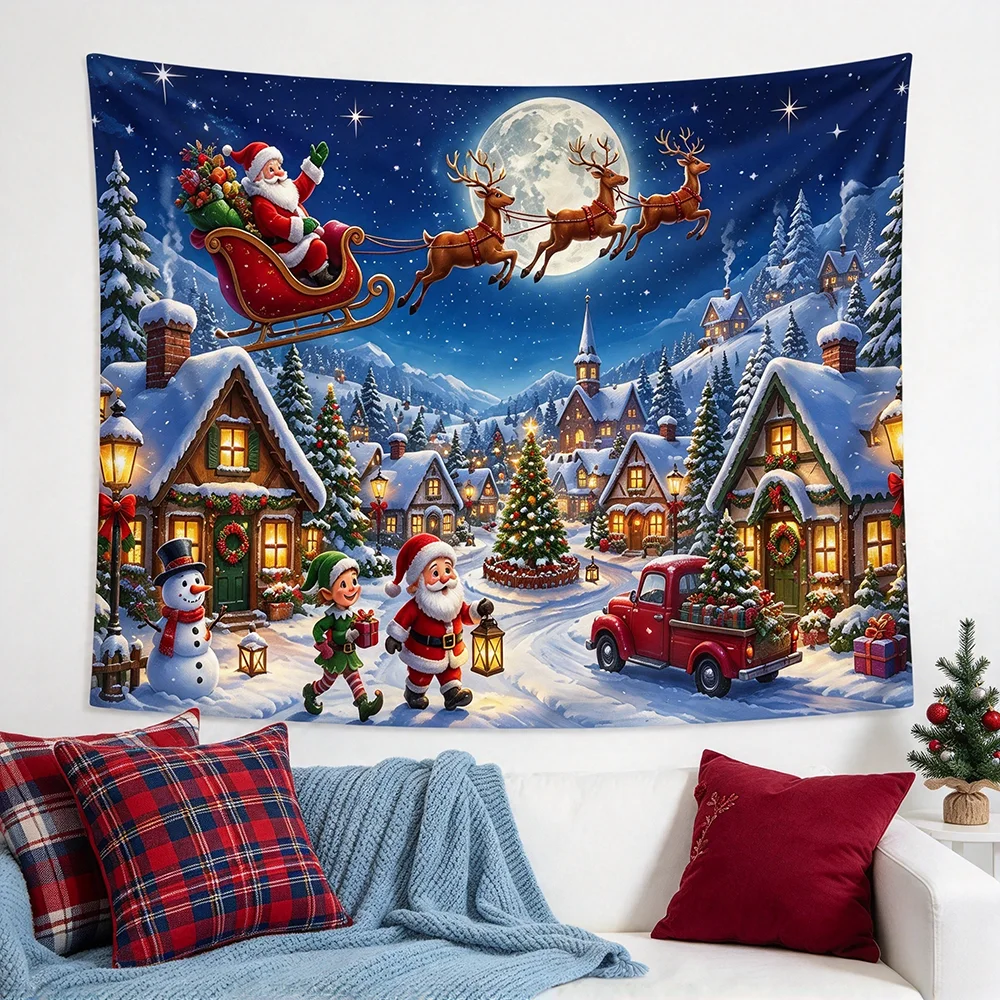 1PCS Tapestry, Santa Sleigh Flying Night Sky Village Snowman Scene, Holiday Party Decoration for Home Studio