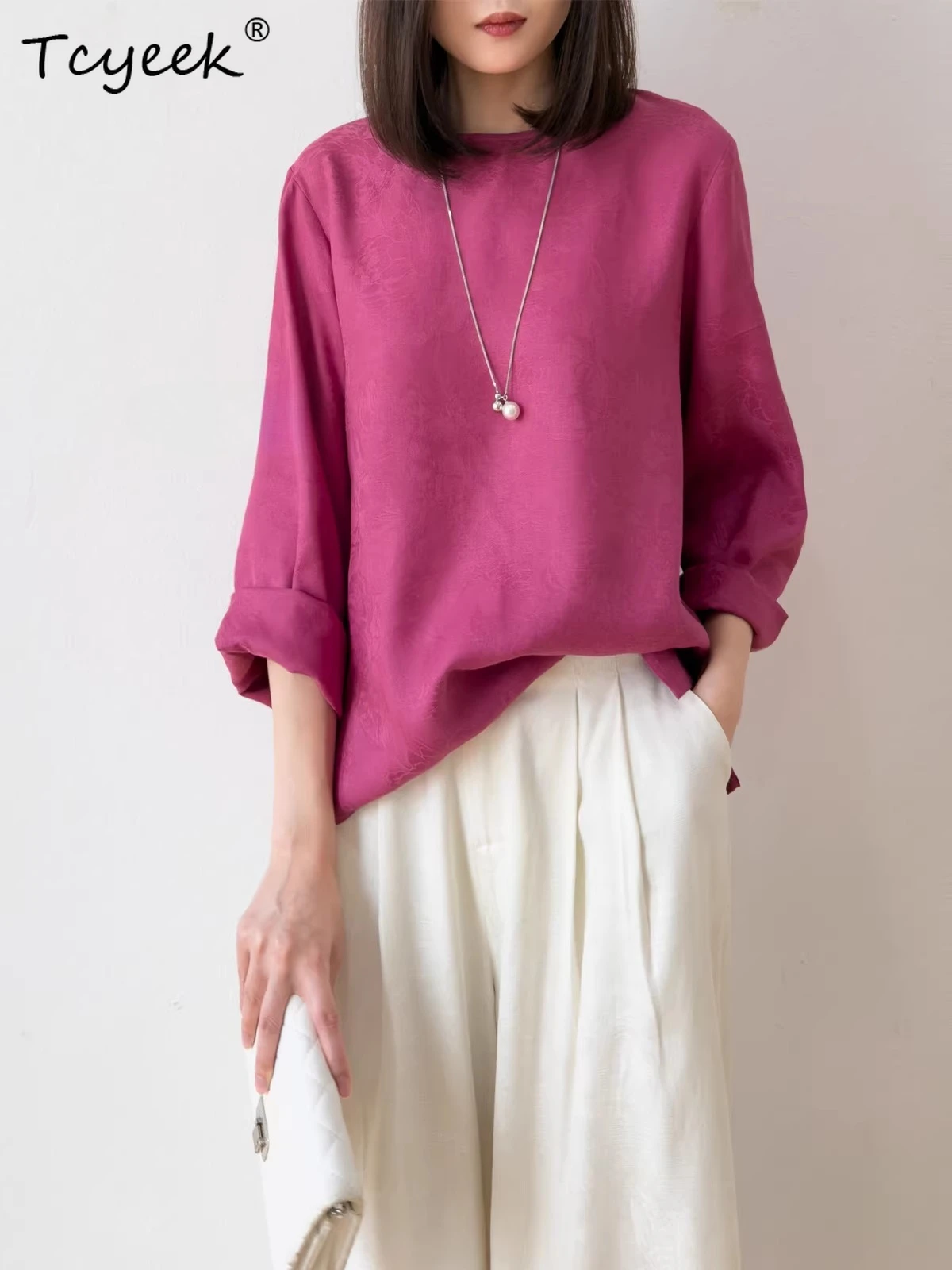 

Tcyeek 30MM 100% шелковая футболка из тутового шелкопряда для весны и лета, элегантные женские футболки, женская одежда, топы с длинным рукавом, женская футболка