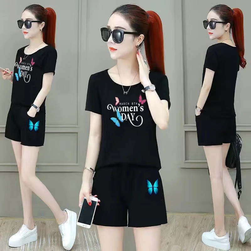 

Refreshing Fashion 2 Two Piece Set 2023 Summer New Leisure Sports Suit Women's Slim Printed T-shirt And Shorts Outfits For Women