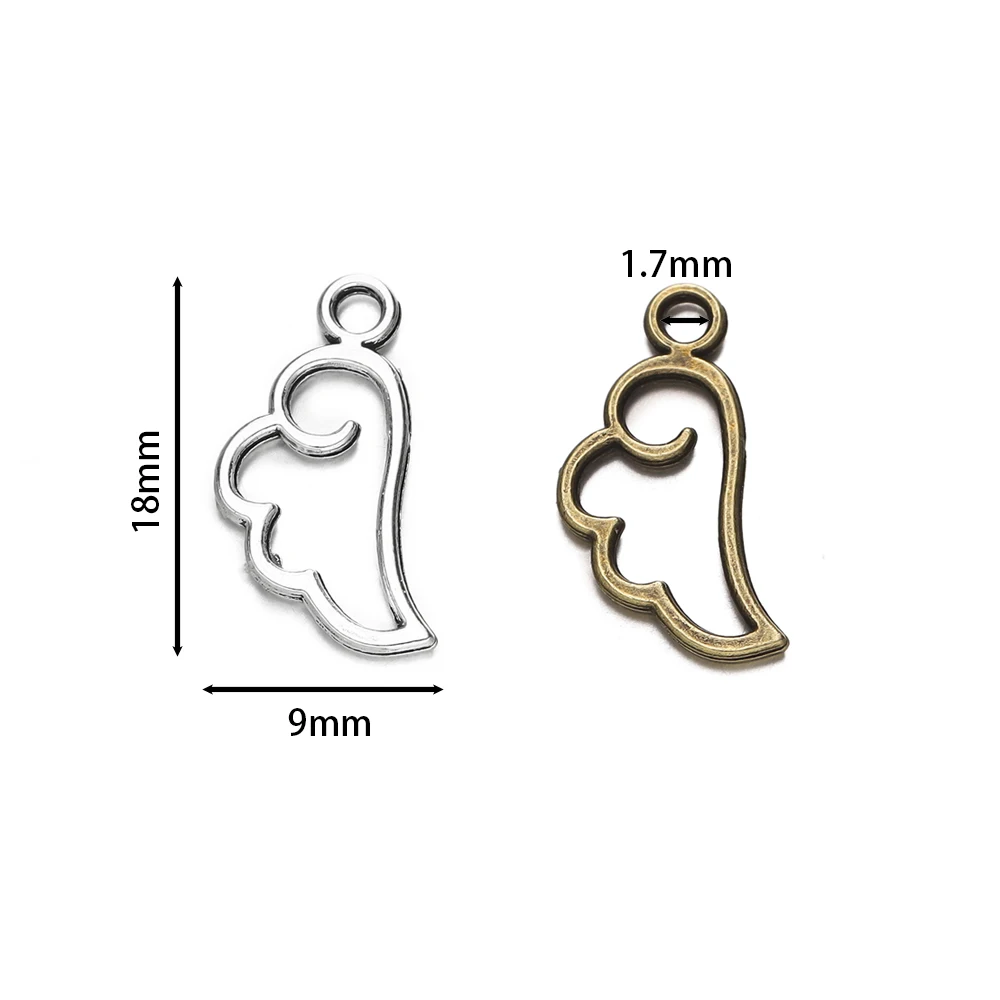 50pcs/lot 9*18mm Metal Alloy Three Color Pendants Mini Hollow Angel Wing Charms for Jewelry Making DIY Handmade Craft Supplies