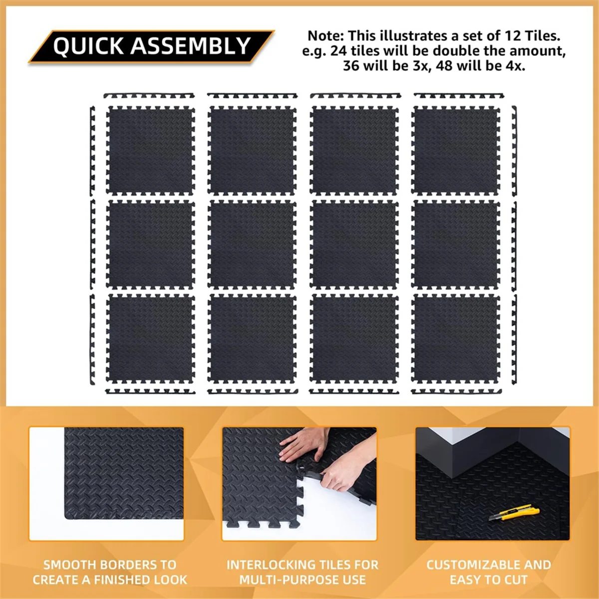 حصيرة تمارين أرضية لصالة الألعاب الرياضية المنزلية ، بطانة لليوجا ، معدات أوزان ، سوداء ، 12 عبوة