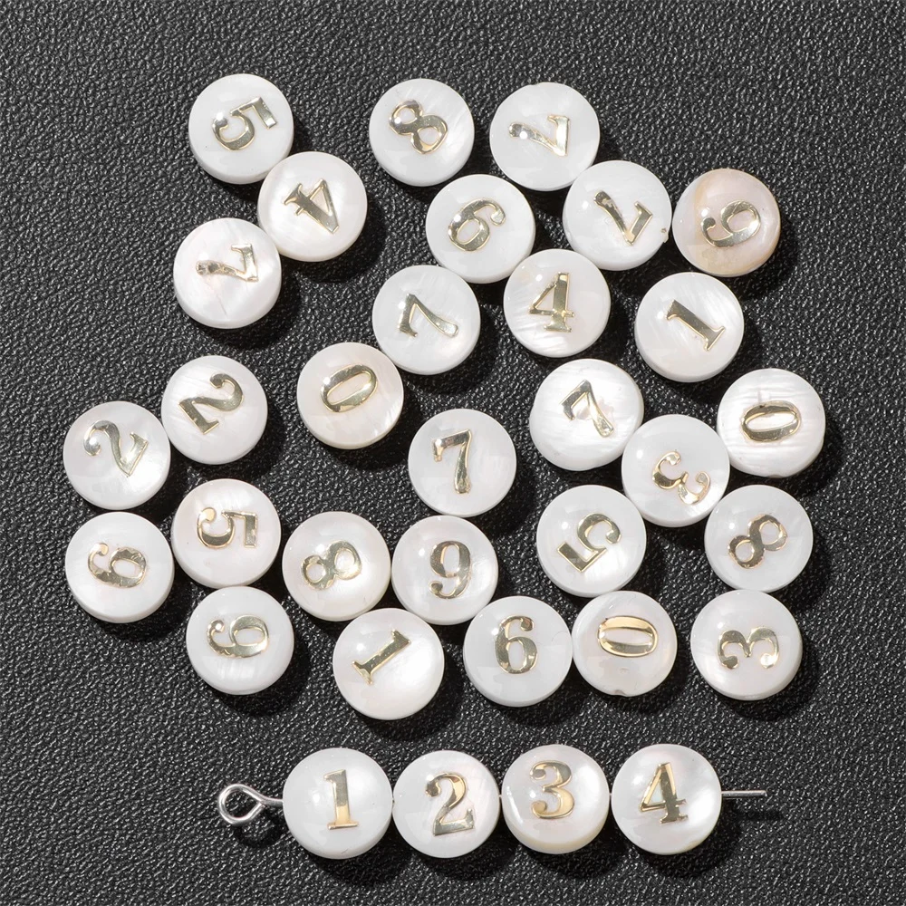 0-9 Number Shell Beads Round Flat Arabic Number Charms Natural Mother of Pearl Shell Loose Beads for Jewelry Making Bracelet DIY