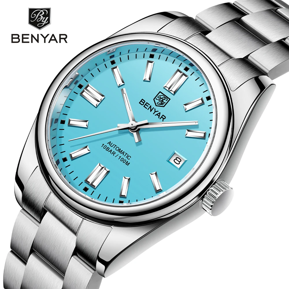 BENYAR New Automatic Mechanical Men Watch Luxury Stainless Steel 100M Waterproof Watch for Men Tiffany Blue Sports Diving Watch