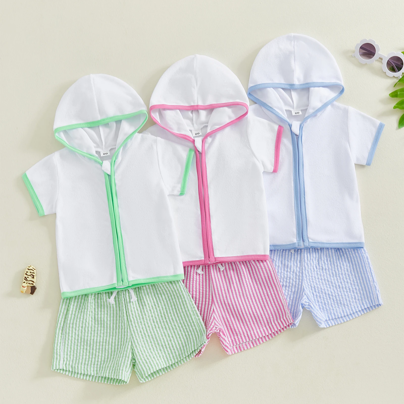 Toddler Beach Cover Ups Set Short Sleeve Zipper Hood Tops with Stripe Print Shorts Outfit Children's Clothing Boy Girl