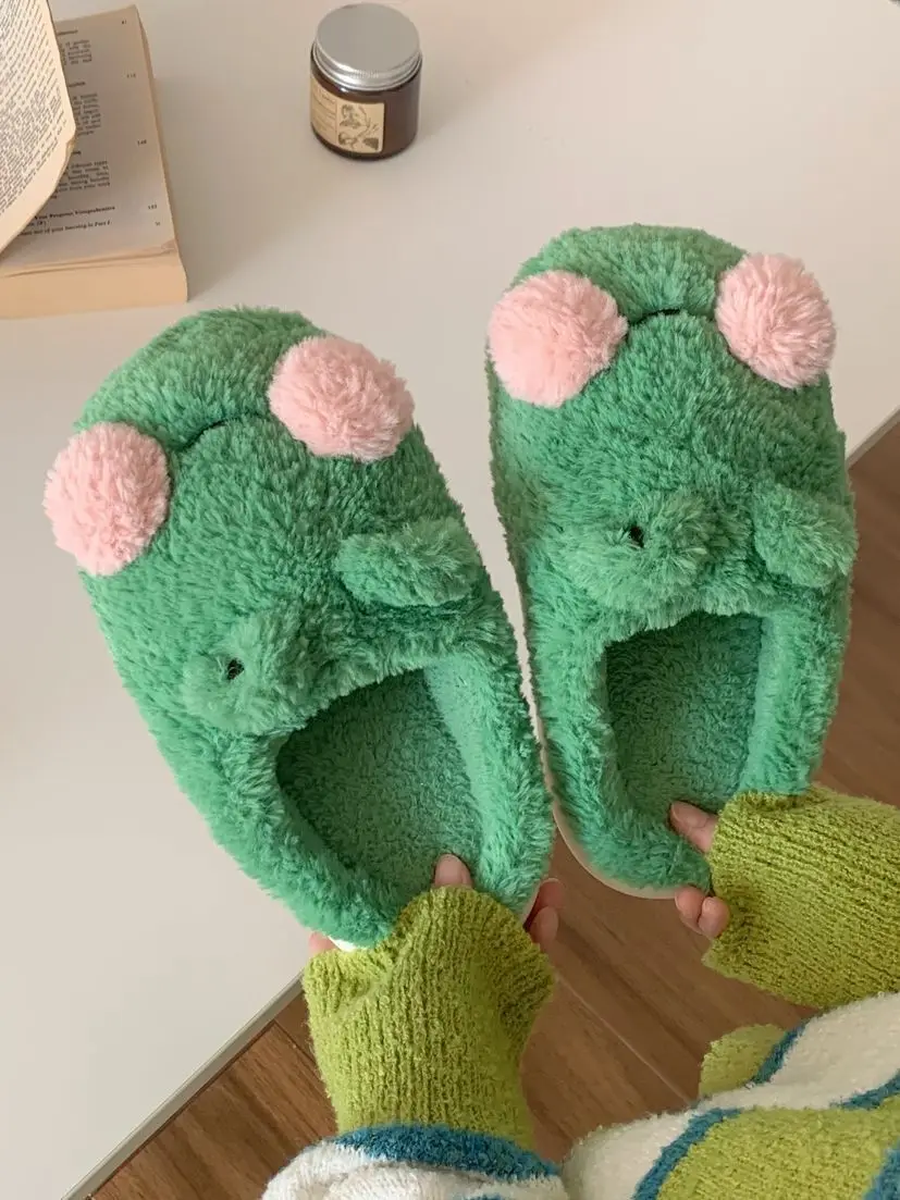 Unisex Couples Home Fluffy Slippers Male's Chunky Frog Slides Half and Full Wrap Fur Thick Sole Anti-slip Indoor Floor Slippers