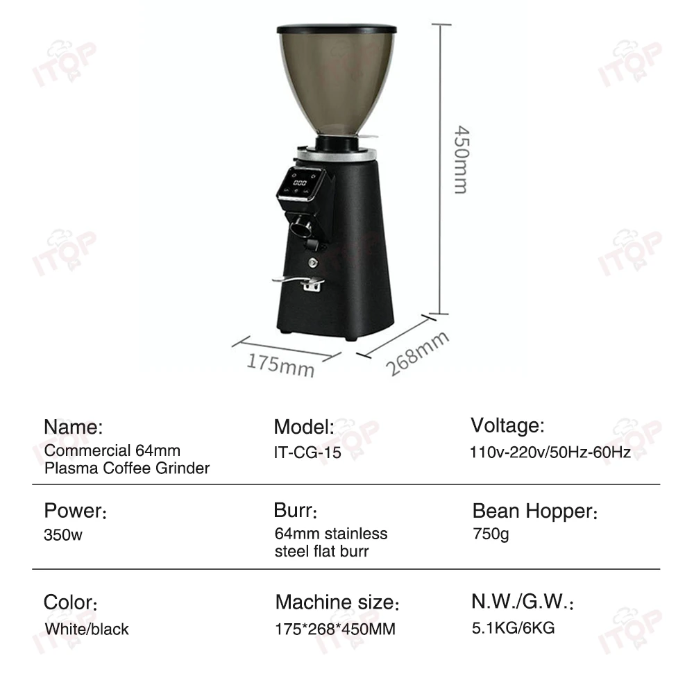 ITOP CG-15 التجارية 64 مللي متر مطحنة القهوة البلازما الوقت الكمي كوب واحد ومزدوج طحن 750 جرام الفول هوبر