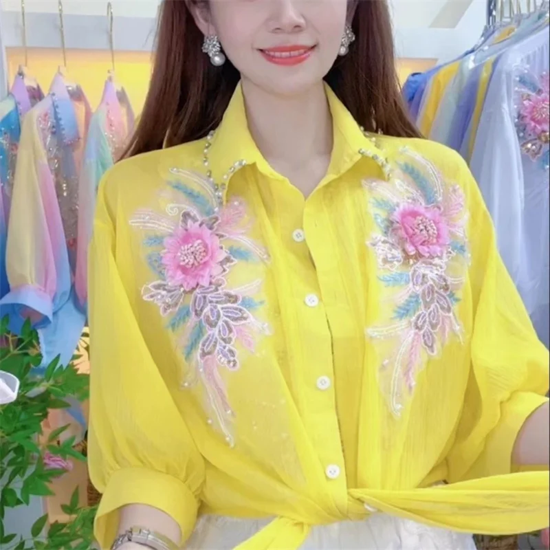 

Новая летняя шифоновая солнцезащитная рубашка с рукавами три четверти, женская тонкая свободная рубашка, универсальная блузка, женские солнцезащитные топы