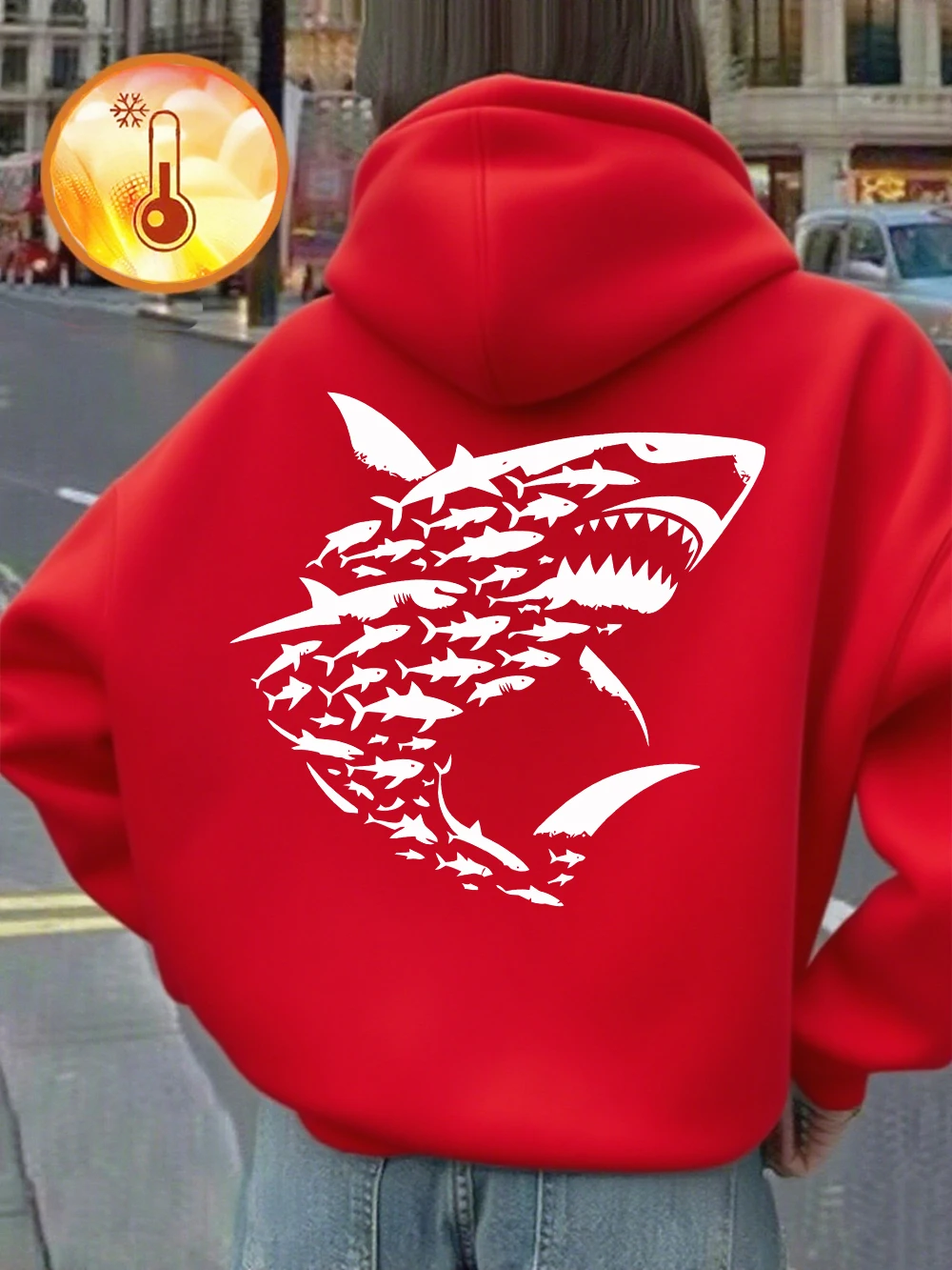 サメの群れプリントパーカー女性快適なルーズプルオーバー冬フリース暖かいスウェットシャツストリートカジュアル女性服