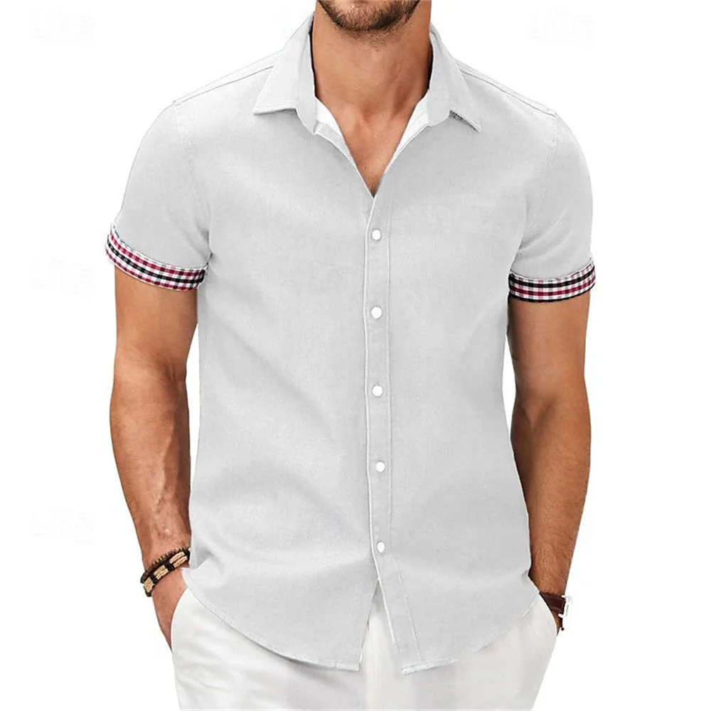 Camisa estampada de Color liso para hombre, traje de trabajo callejero al aire libre, informal de negocios, Top de manga corta con cuello abatible, novedad de verano 2024