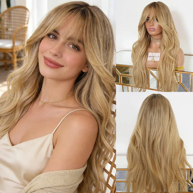 Fashion New Lace Front Wig with Bangs Natural Parting Full Fringe Ombre Honey Blonde costume for women Glueless Easy to WEar
