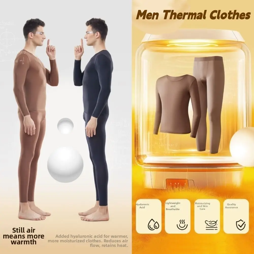 Tops and Pants Men Thermal Clothes Ultra-thin Invisible Low Neck Thermal Underwear Lingerie Feel Heating Warmth Long Pants