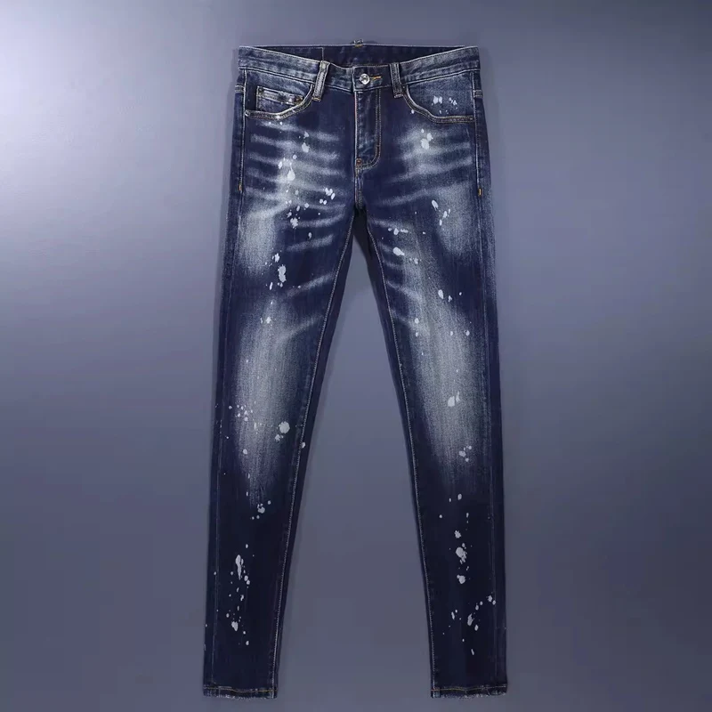 Men Deep‑Blue Whisker Washed White Ink Splatter Distressed Stretch Skinny Denim Jeans Hip‑Hop Streetwear Denim Jeanshombre