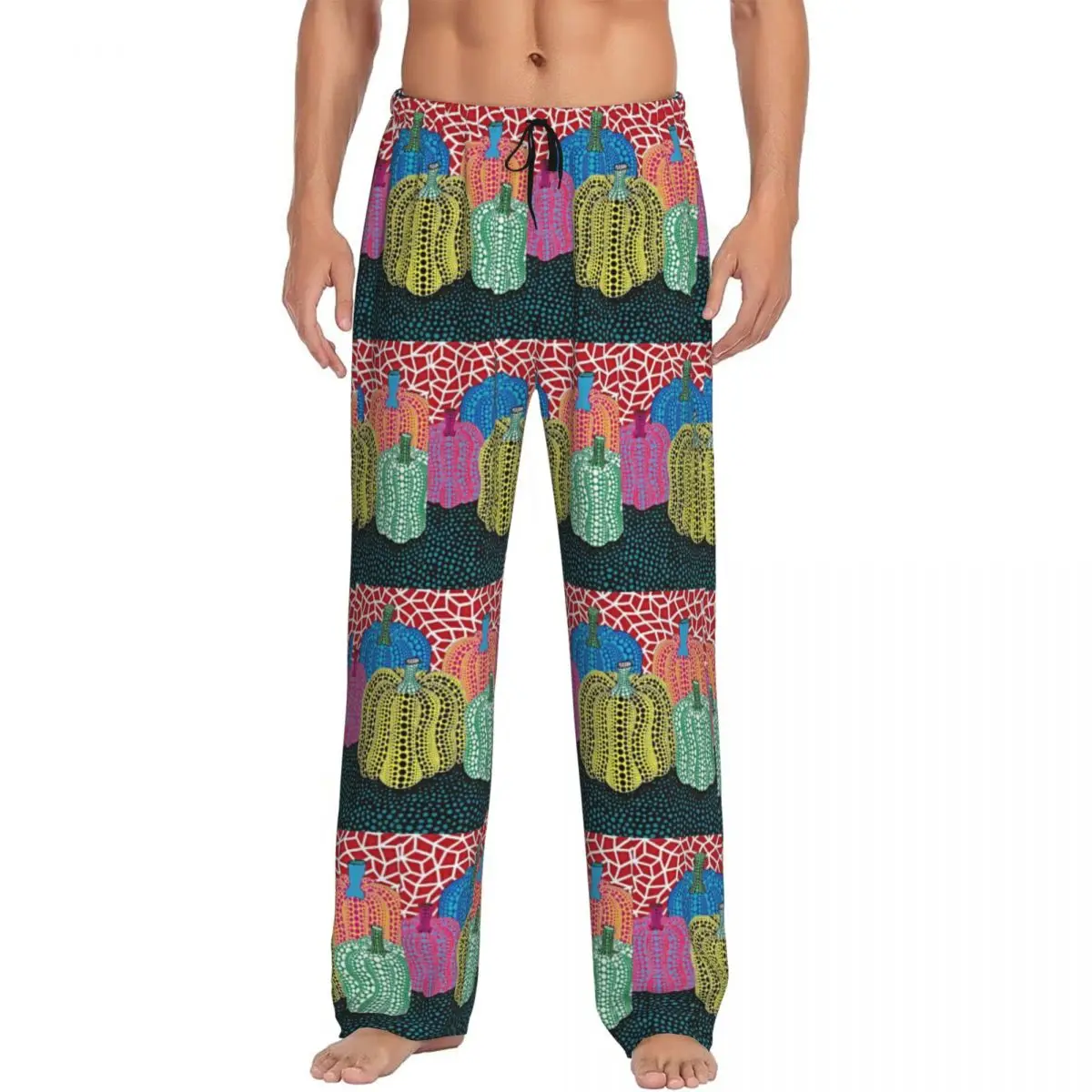 Custom Three Polkadot Pumpkin Art Pajama Pants Men's Yayoi Kusama Lounge Sleep Stretch Sleepwear Bottoms with Pockets