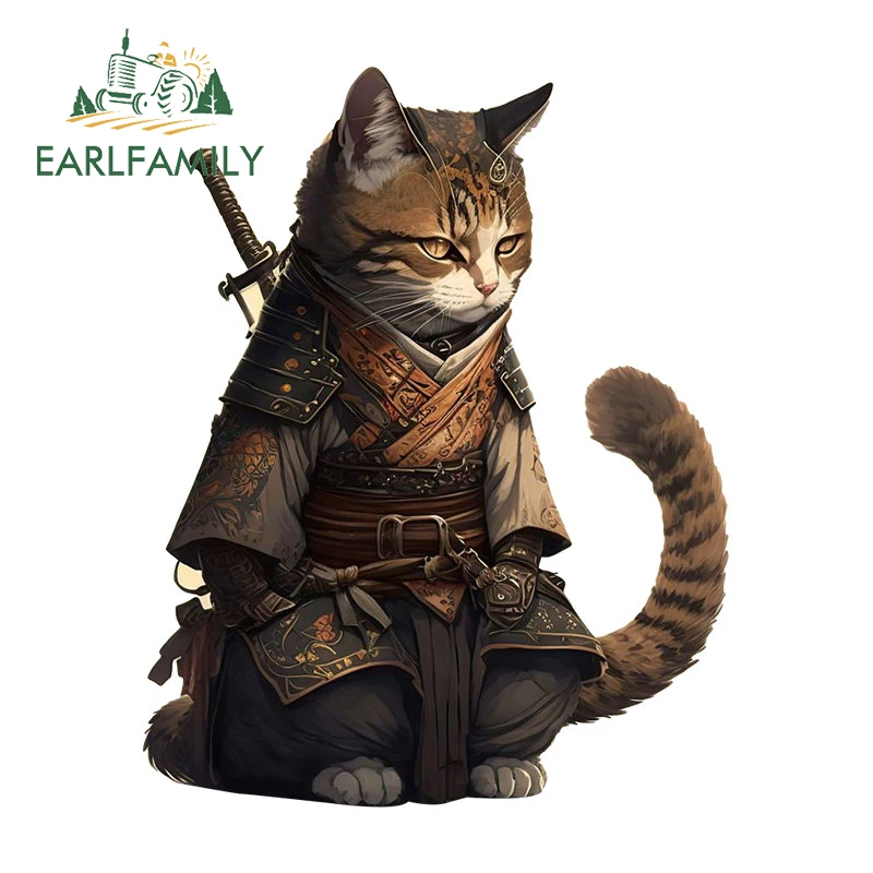 EARLFAMILY 13cm X 10.3cm for Cat Samurai Car Stickers Simple Graffiti Decals Waterproof Cartoon Car Label Vehicle Helmet Decor