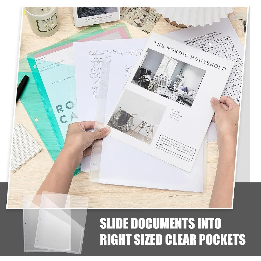 24 قطعة جيوب الموثق ل 3 حلقة الموثق المجلدات البلاستيكية الشفافة الأكمام 3 حفرة لكمة وثيقة فواصل بولي مائل ملف سترة Org