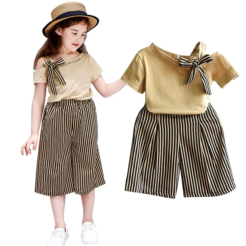 2Pcs/set Children Girls Casual Summer Short Sleeve T-shirt+Striped Print Shorts Suits Kids Toddler Costume For 2-7T