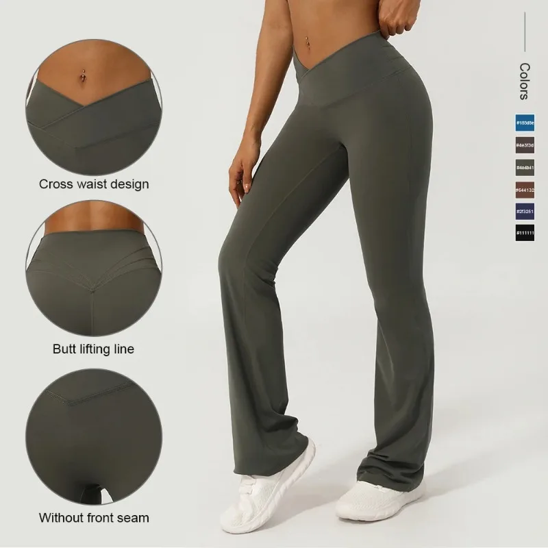 

V-Cross Fitness Flare Pants Lifting Buttocks Cross Waist Yoga Sport Leggings Gym Outdoor Acticewear Workout Wide-Leg Pants
