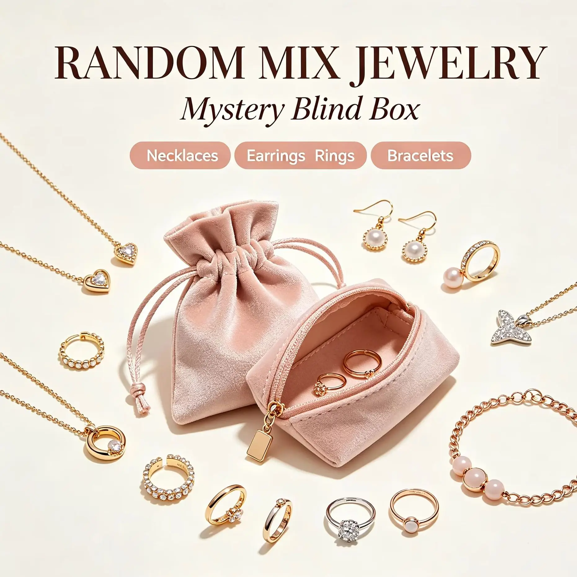 Random Mix Jewelry Mystery Blind Box Alloy Necklaces Earrings Rings Bracelets Surprise Gift Pouch For Ladies Daily Matching Outfit