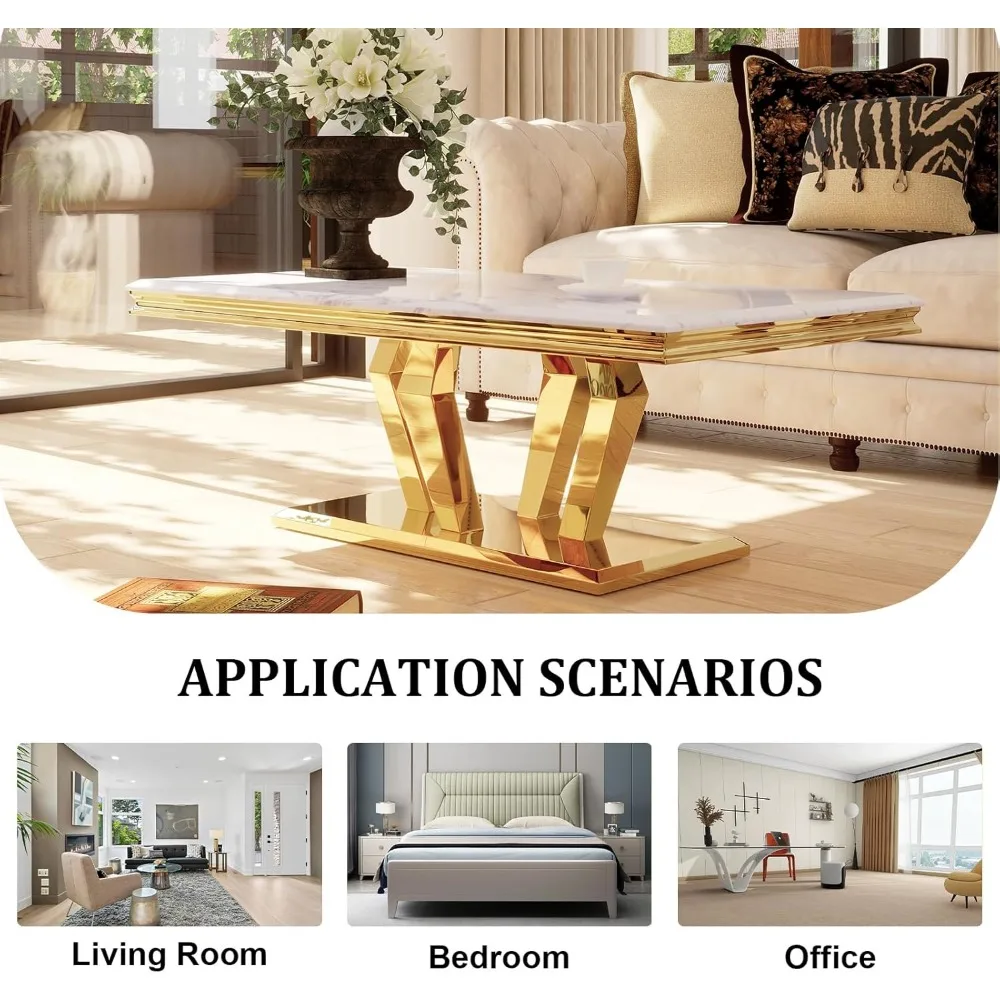 Mesa de centro retangular para sala de estar de 50 polegadas, base geométrica polida, usada para casa, escritório, mesa de centro para sala de recepção