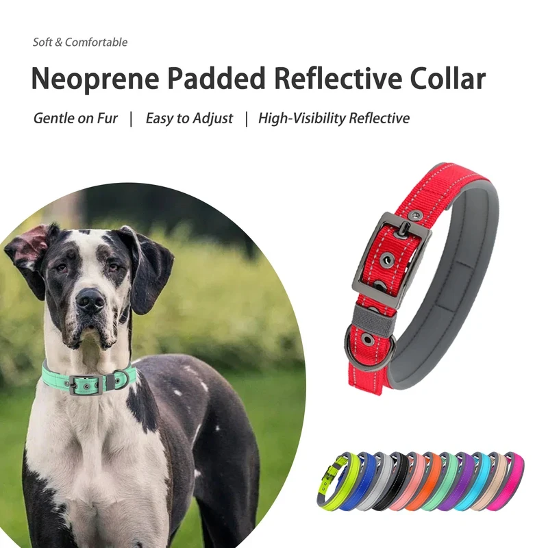 Soft Padded Reflective Dog Collar Adjustable Nylon Pet Neck Strap for Medium Large Dogs Comfortable Anti-Choke Puppy Training