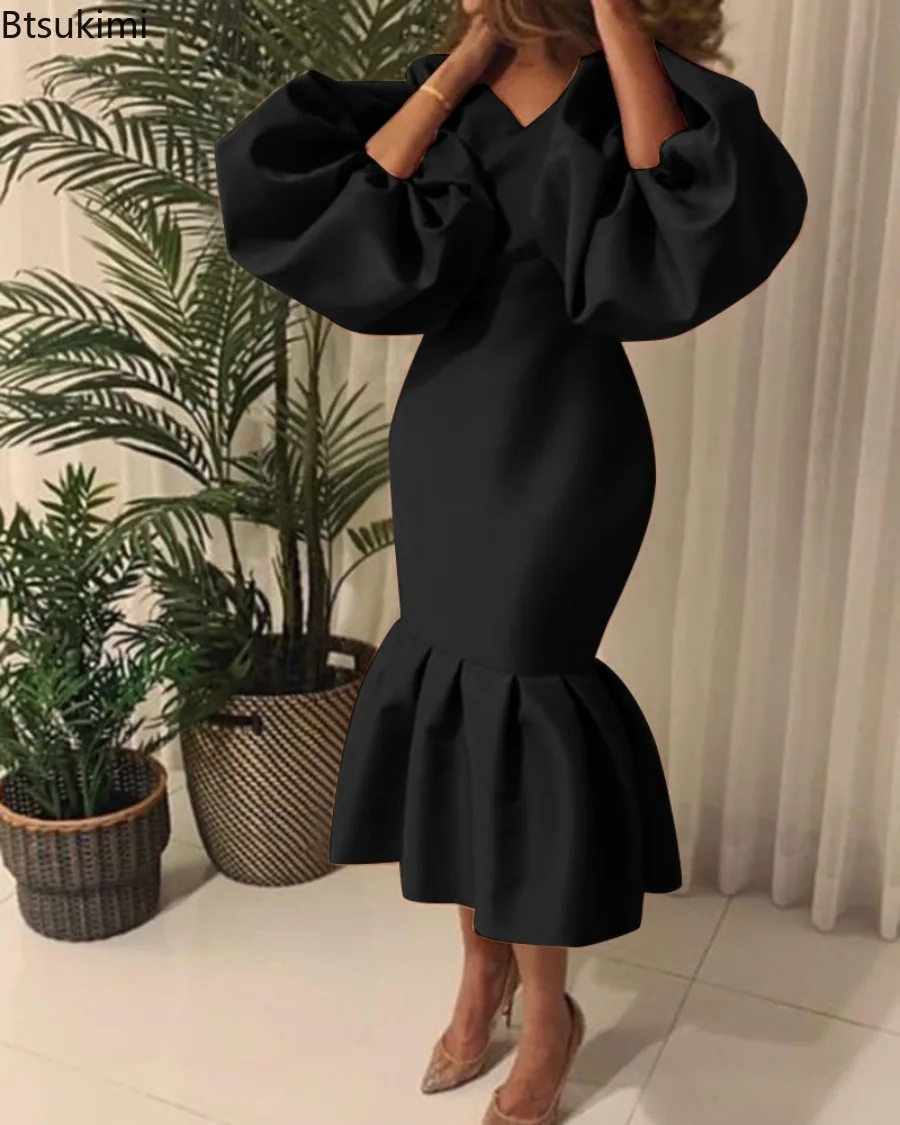 New2025 Afrikanische frauen Mode Einfarbig V-ausschnitt Blase Langarm Fischschwanz Kleid V Kragen Bodycon Sexy Elegante Abendkleid