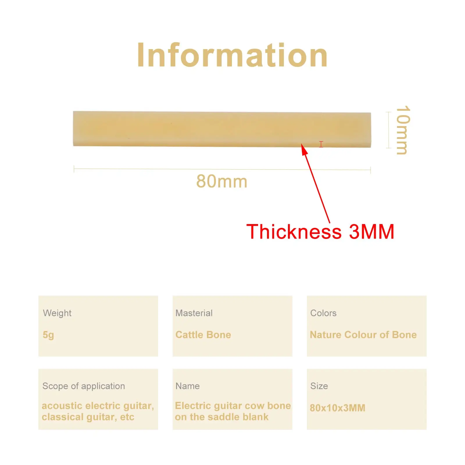 Miwayer Unbleached Blank Guitar Bone Saddle 3/5/10Pcs, Pure Bone Bridge Saddle for Acoustic Guitar Luthier Builder DIY Tool
