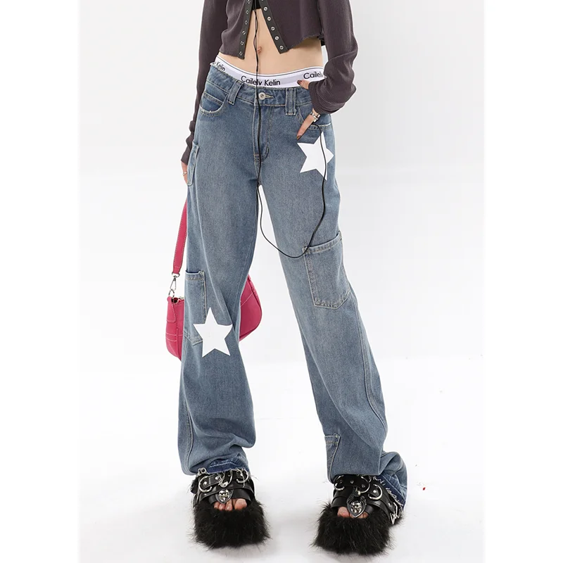 

Vintage Blue High Waist Women Jeans Stars American Fashion Streetwear Wide Leg Jean Female Denim Trouser Straight Baggy Pants