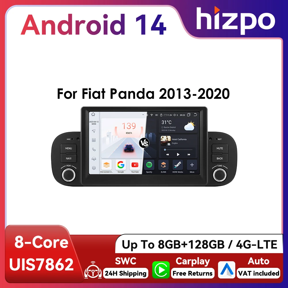 Hizpo 2Din 7 cali Android14 Radio samochodowe dla Fiat Panda 2013 - 2020 Nawigacja GPS 4G BT Carplay RDS DSP SWC UI7862 Multimedia