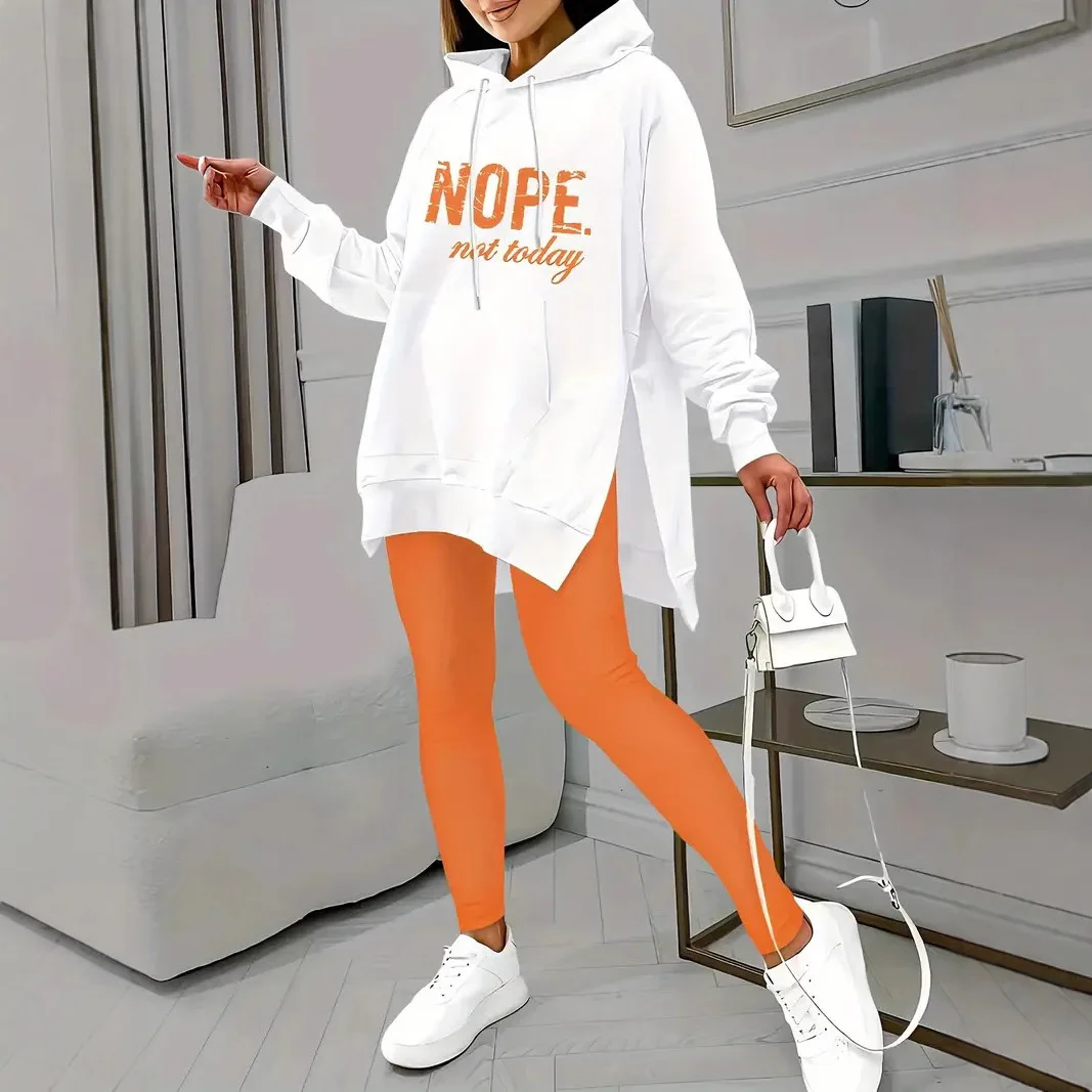 ลําลองแขนยาวHoodedชุดฤดูใบไม้ผลิฤดูใบไม้ร่วงพิมพ์กระเป๋าSlit Designสบายความยาวข้อเท้าชุดสตรี