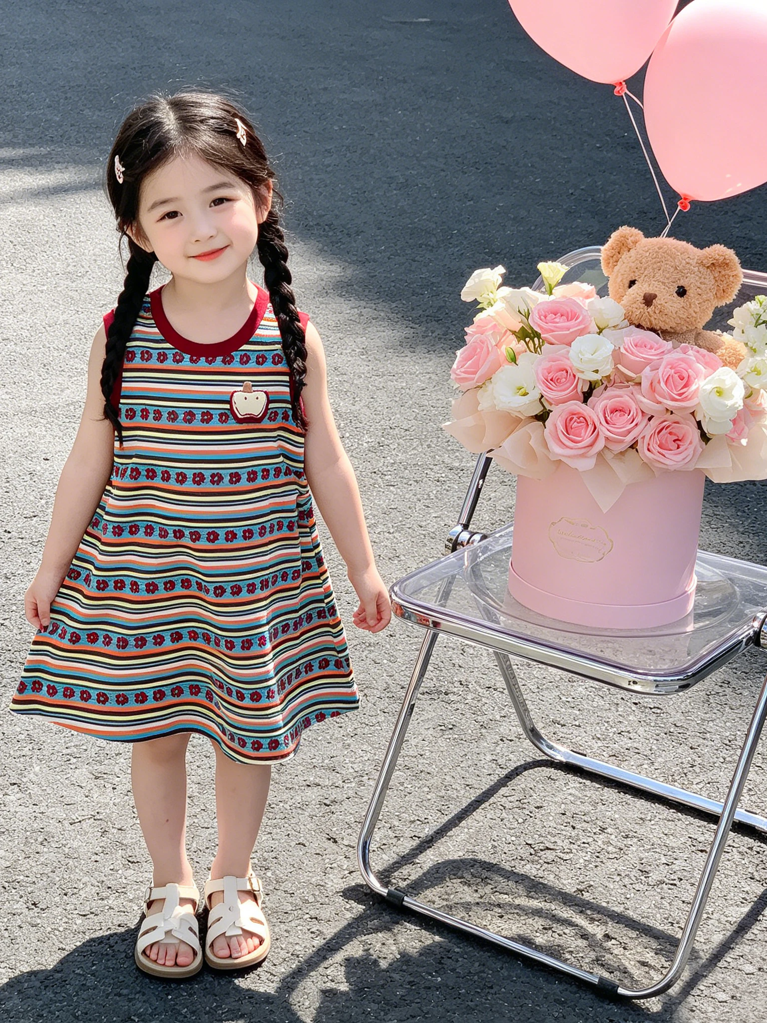 Vestido Floral de Princesa para Meninas, Listrado, Verão, Novo, Camiseta Infantil Fofa com Flores, Cintura Média, Algodão Macio e Respirável para o Di