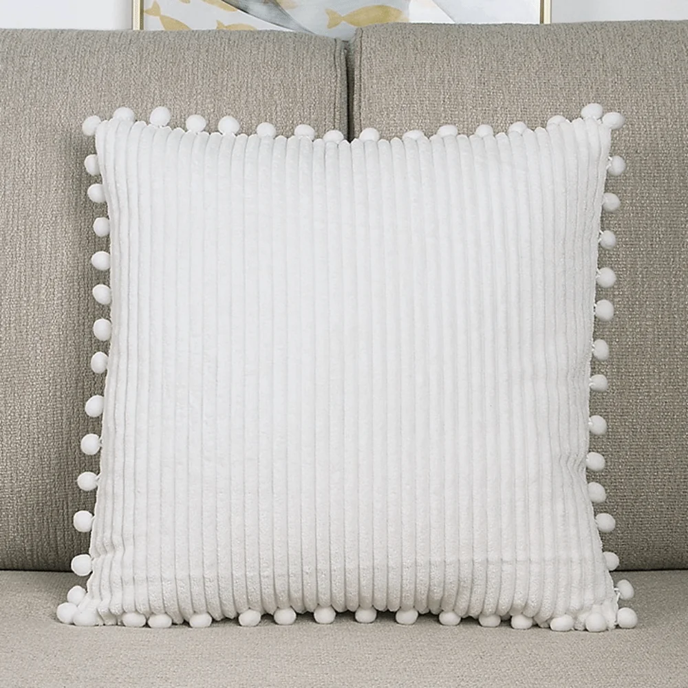 

Square Bohemia Throw Pillow Cover with Pom-pom Stripe Pattern Cushion Cover Skin-friendly Corduroy Sofa Pillow Cover Bedroom
