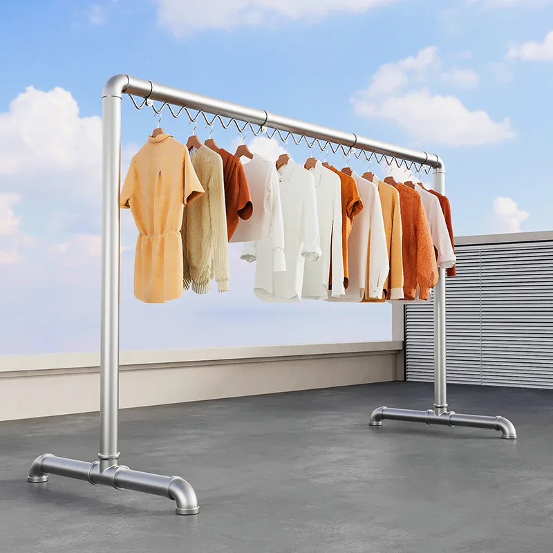 

Indoor Outdoor Balcony Free-Standing Steel Pipe Clothes Drng Ra Single Rod with Windproof Strip Water Pipe Clothes Hanger