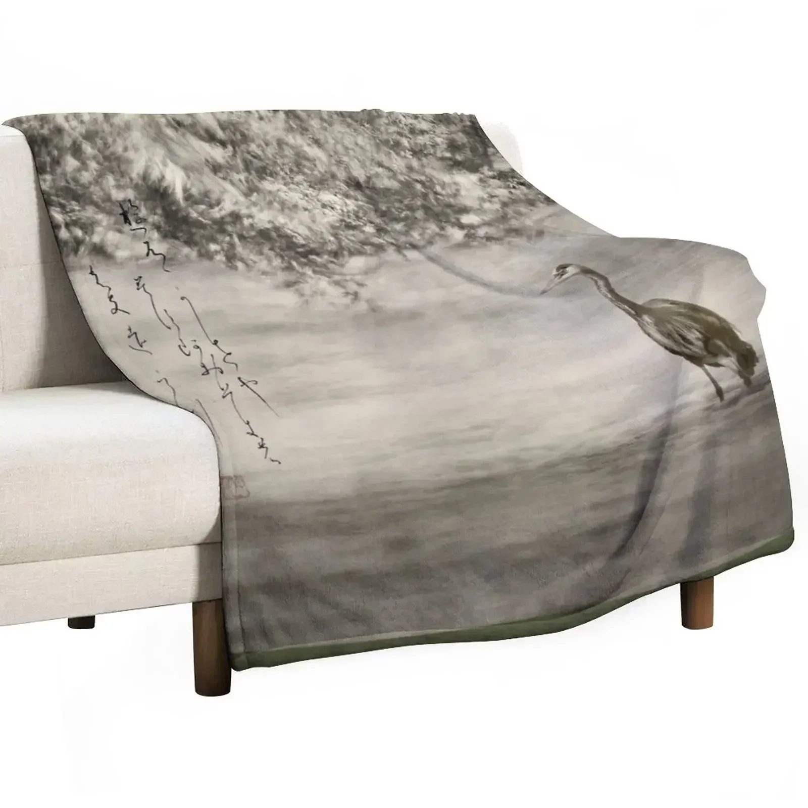 Pond and Heron Poetry Haiga - Haiku yuu kaze ya Throw Blanket blankets ands Loose Soft Plaid Kid'S manga Blankets