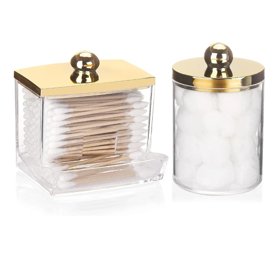 1/2 Pack Qtips Dispenser,Bathroom Organizers and Storage Containers, Plastic Apothecary Jars with Gold Lids for Makeup Ball