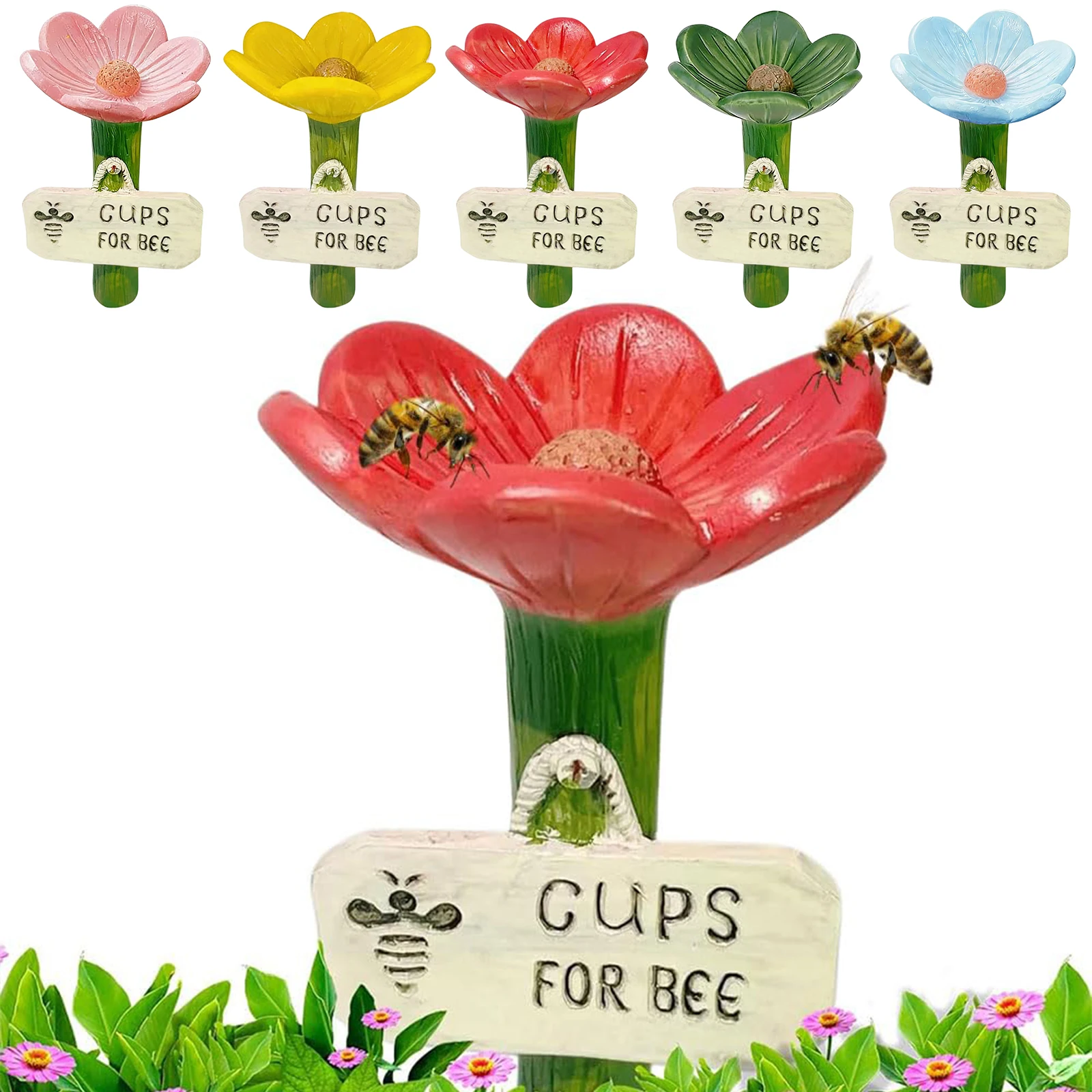 Resin Bee Watering Station with Flower Design Butterfly Bee Bath Bowl Bee Pollinator Feeder Drinking Cup for Garden Yard Decor