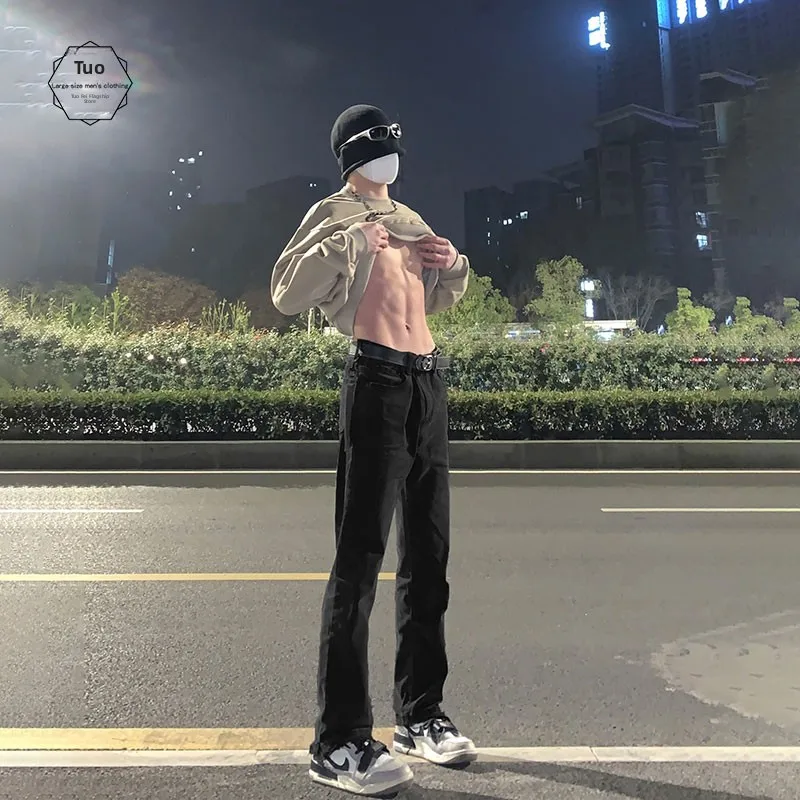 

Tall Men's Cleanfit Jeans Pure Bla Slim Fit Micro Flared Pants Trendy Straight Leg Jeans Cotton Polyester Blend