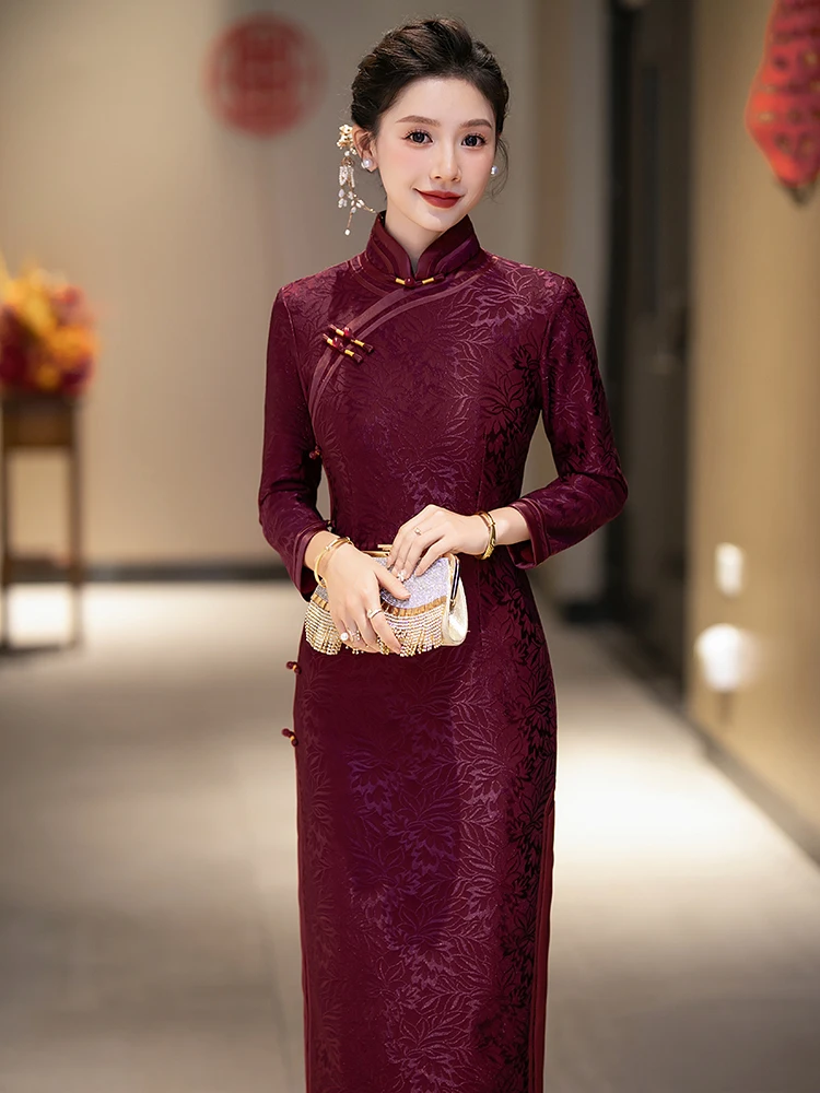 

Retro Sle Fce Lined Long Wedding Dr Improved Version for Mother of the Bride Autumn Winter New Arrival