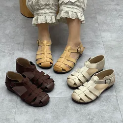 GKTINOO 2024 New Cowhide Flat Sandals Retro Nostalgic Leather Woven Women Shoes Healthy and Breathable In Summer