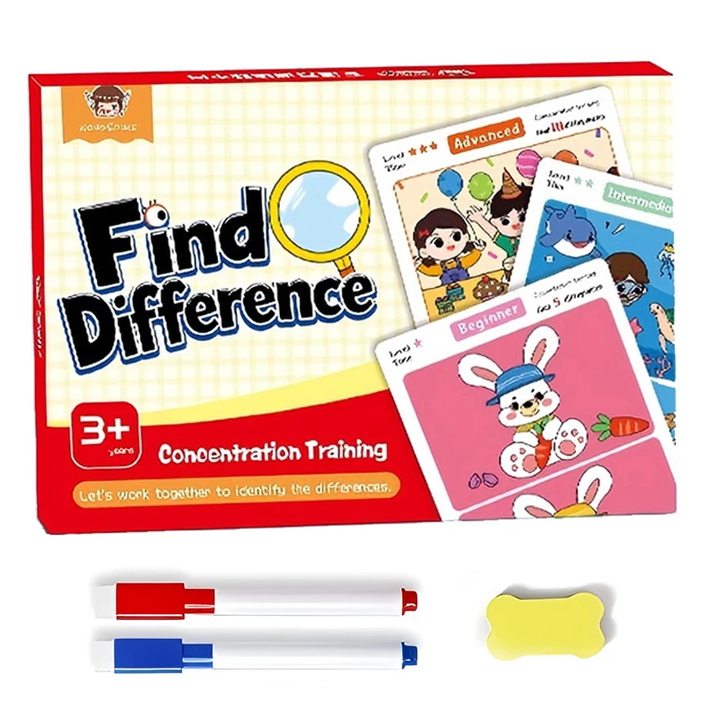 Educational Find the Difference Game, Reusable Wipe-Clean Cards for Kids Focus & Attention Training