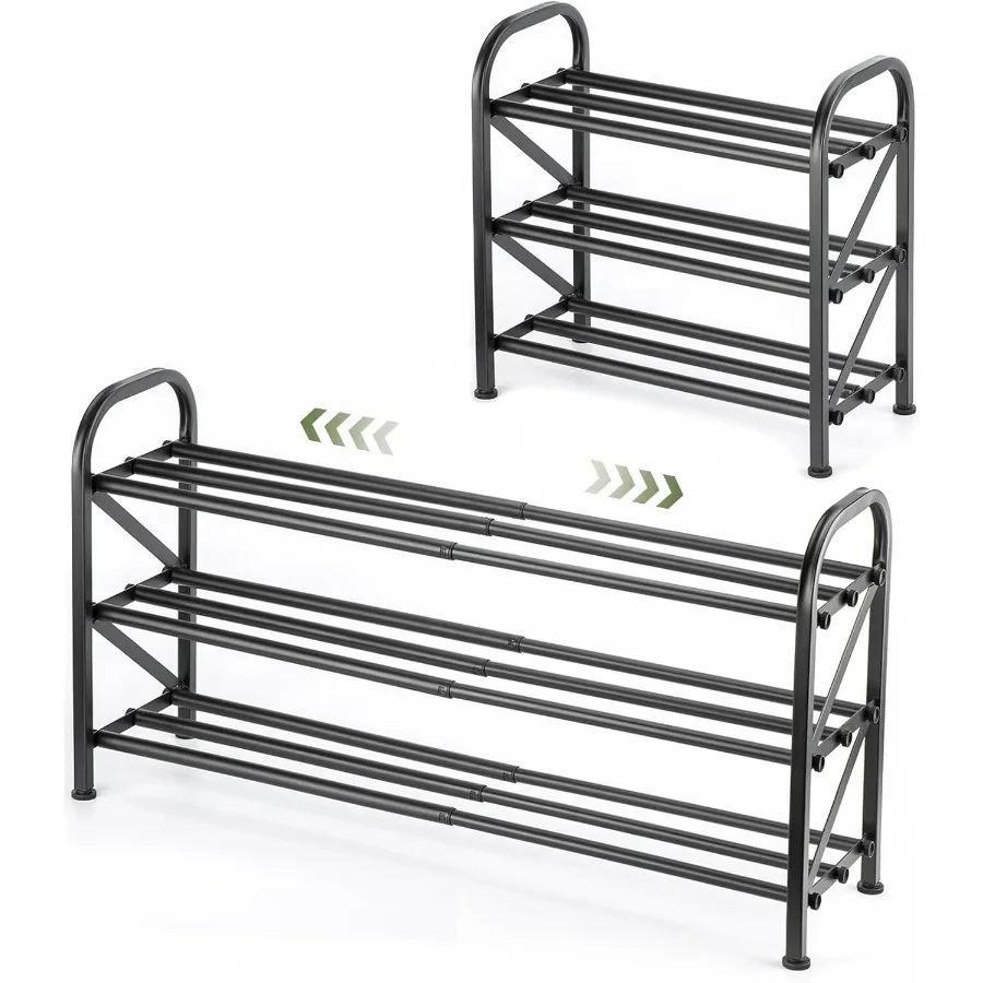 

3-уровневая расширяемая полка для обуви для шкафа, прихожей, дверного проема, регулируемая от 16 до 33 дюймов, прочный металлический дизайн черного цвета.