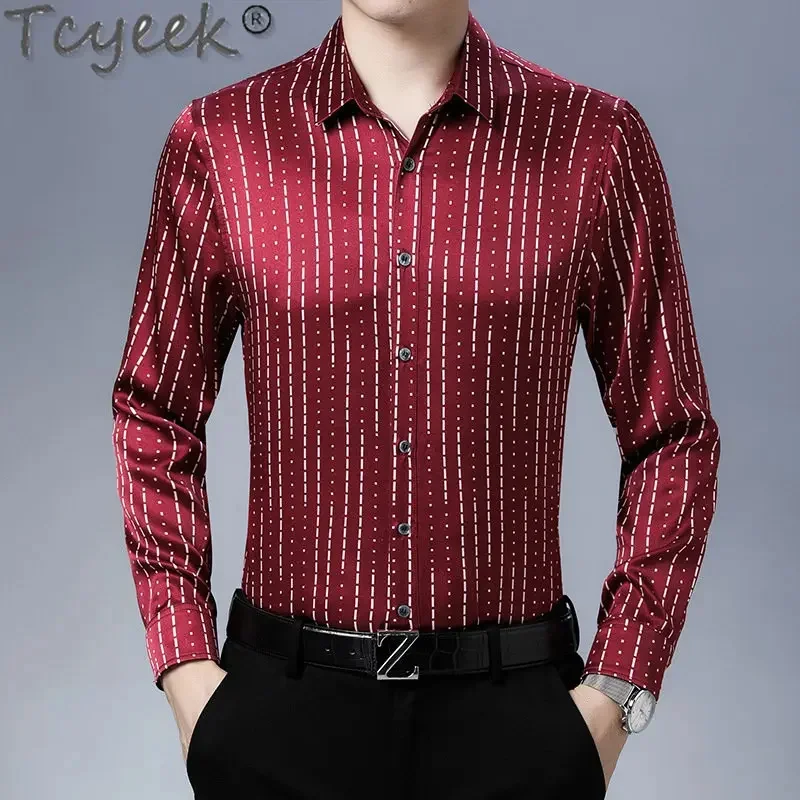 Spring Tcyeek Autumn 92.5% Mulberry Silk Shirt Casual Fashion Men Clothing Striped Long Sleeves Top Mens Shirts Ropa De Hombre