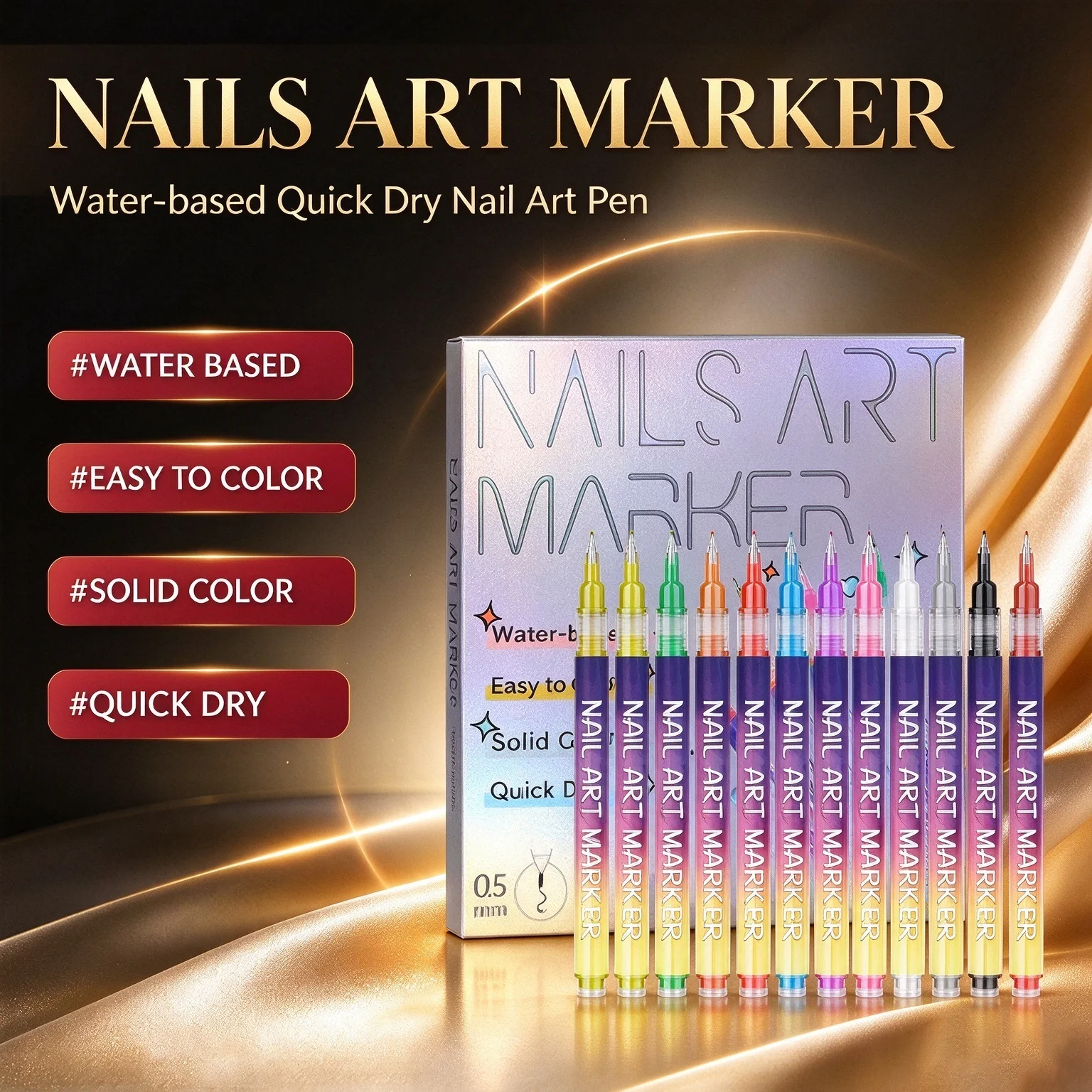 12 Colors 3D Nail Art Painting Pen Water‑based Quick Dry Fine Tip Nail Drawing Pen Waterproof DIY Manicure Painting Tools 12pcs