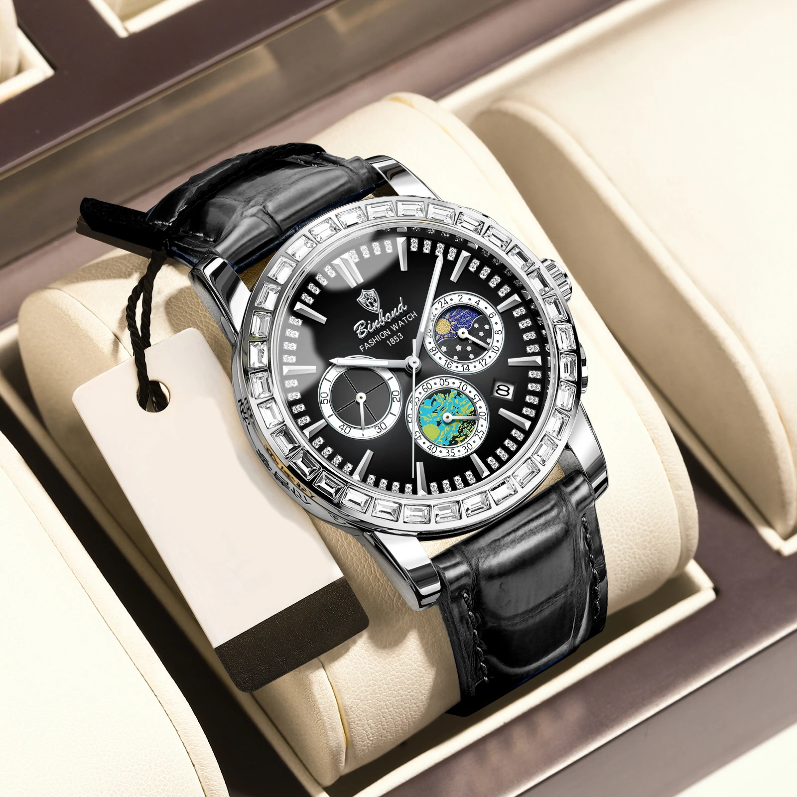 BINBOND ساعة عالية الجودة للرجال الرياضة كوارتز رجل ساعة اليد مقاوم للماء مضيئة كرونوغراف جلدية ساعات رجالية Reloj