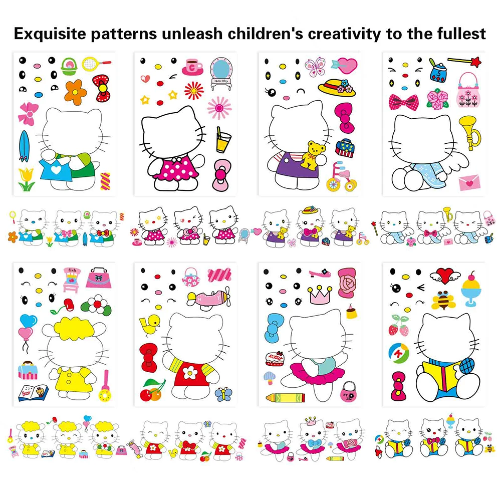 

8/16sheets Cute Hello Kitty Anime Puzzle Stickers DIY Make-a-Face Assemble Funny Cartoon Decal Assemble Jigsaw Girl Toy Kid Gift