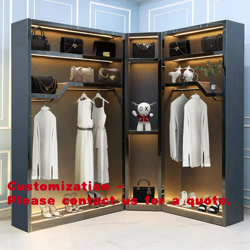 

Витрина для одежды с подсветкой для прямых трансляций: шкаф-витрина для костюмов, рубашек и футболок с коротким рукавом, черно-золотой, с подсветкой.