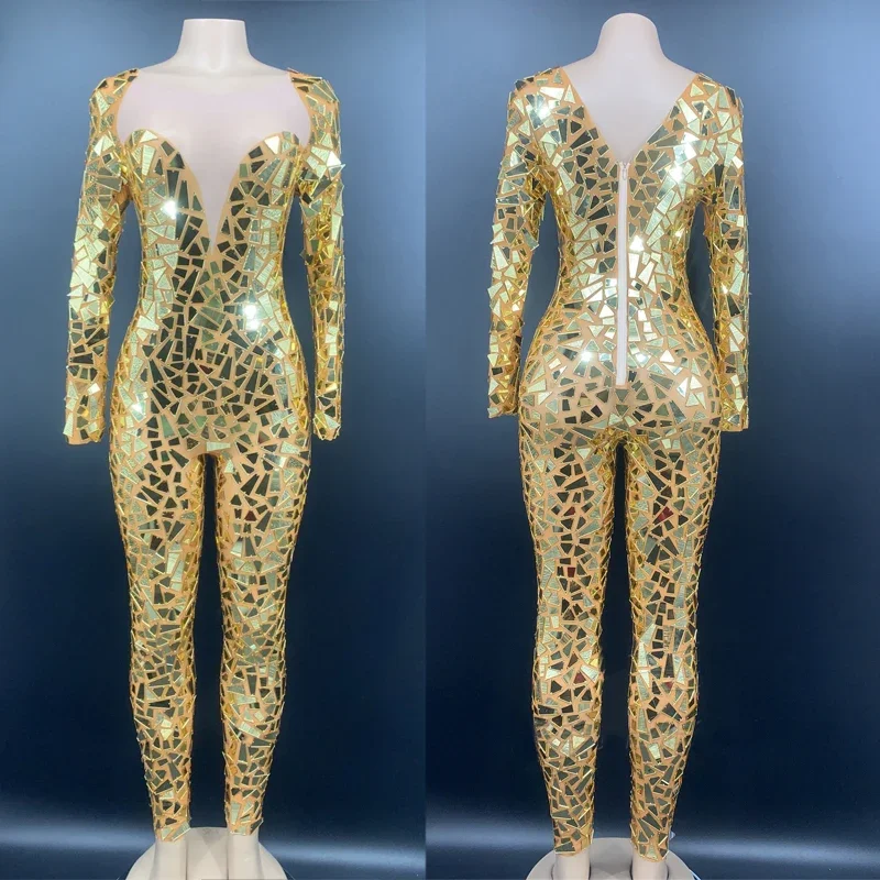 

Shining Gold Mirrors Jumpsuit Gogo Dance Costume Sexy Net Yarn Bodysuit Nightclub Women Pole Dance Outfit Stage Wear XS3401