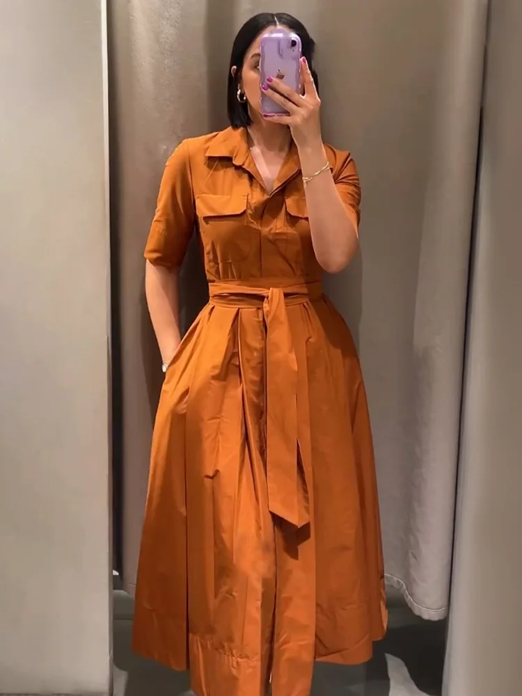 HH femmes mode revers manches courtes poche simple boutonnage ceinture décorer robe Midi femme été élégant mince robe plissée